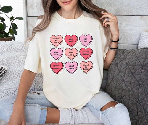 Romance Tropes Candy Hearts | Adult Tee
